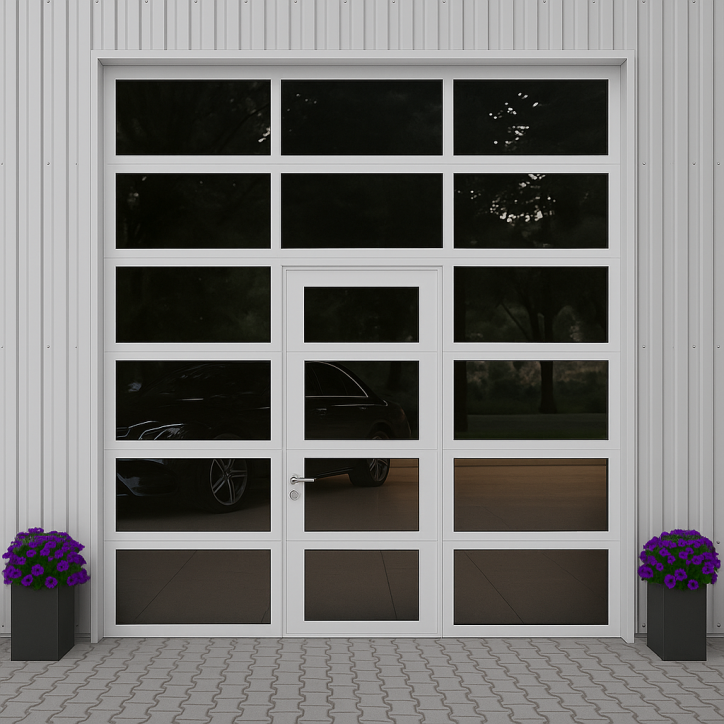 Porte sectionnelle industrielle vitrée totale 40 mm avec portillon intégré – Livraison gratuite Europe Porte sectionnelle industrielle vitrée totale 40 mm avec portillon intégré – Livraison gratuite Europe